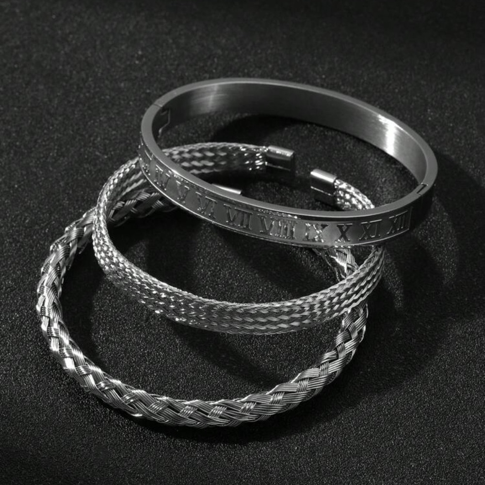 3pcs/Set Stylish Stainless Steel Roman Word Twist Weave Crosshatch Bracelet Set